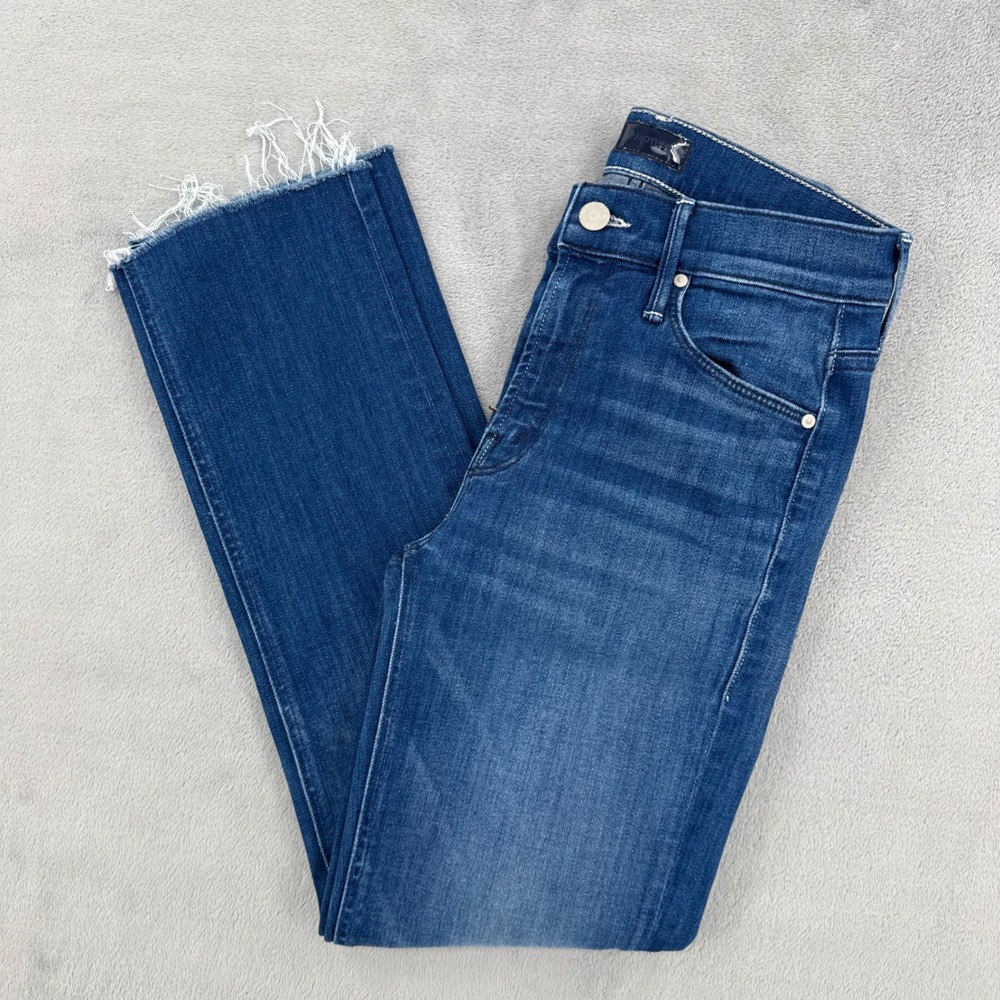 Mother The Mid Rise Dazzler Crop Fray Jeans Womens 25 Squeeze It Blue Casual